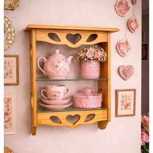 Vintage granny cottage core wooden trinket heart shelf w 2 glass shelves 20x11"